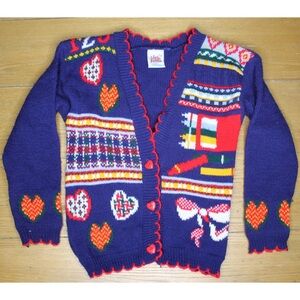 Vintage Girls Back To School Heart Button Crayon Cardigan 5